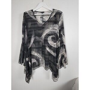 Dor Dor Couture Women Black White Mesh Tunic Top XL Flared Sleeve Abstract Swirl